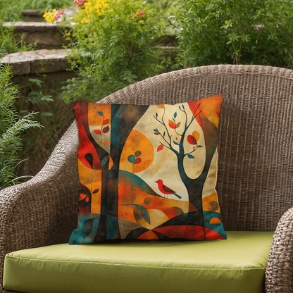 Autumn Forest Abstract Throw Pillow Red Bird Foliage Design