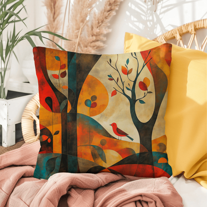 Autumn Forest Abstract Throw Pillow Red Bird Foliage Design