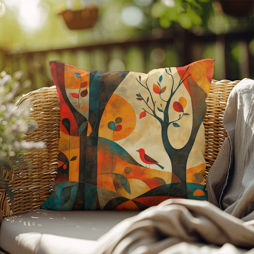 Autumn Forest Abstract Throw Pillow Red Bird Foliage Design