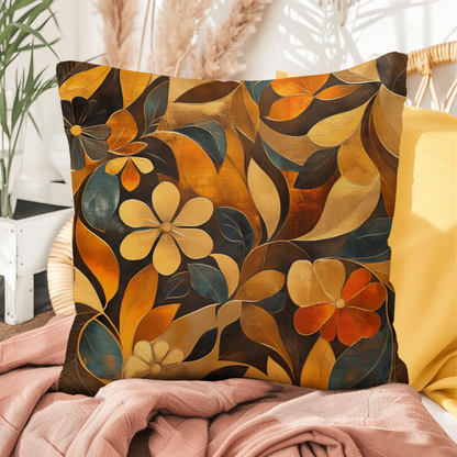 Elegant Gold Floral Throw Pillow Autumn Leaf Bloom Design