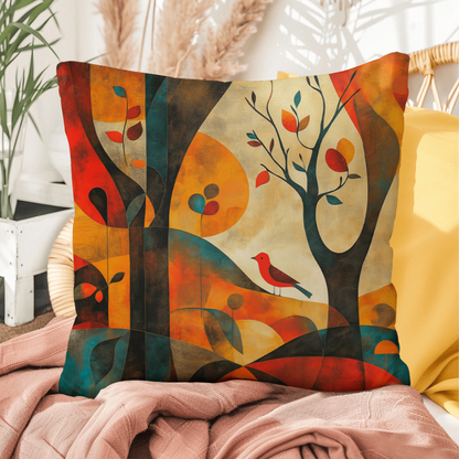 Autumn Forest Abstract Throw Pillow Red Bird Foliage Design