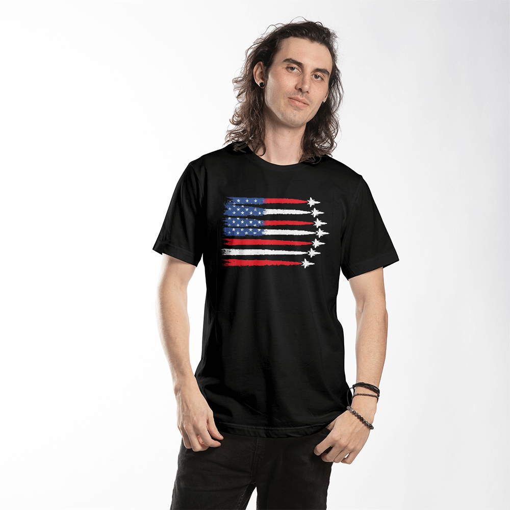 patriotic aviation t shirt with jets forming flag stripes