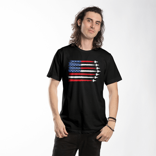 patriotic aviation t shirt with jets forming flag stripes