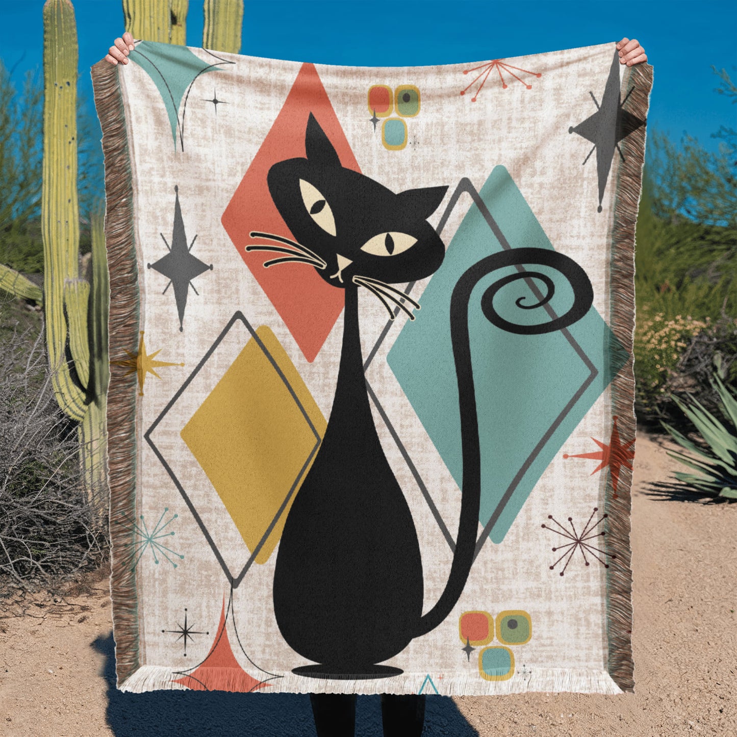 Retro Mid-Century Cat Printed Woven Blanket 1950s Style Throw