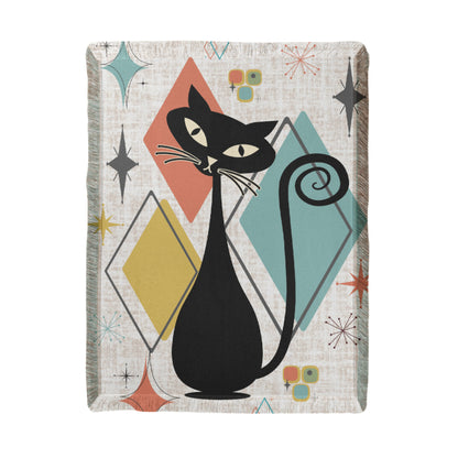 Retro Mid-Century Cat Printed Woven Blanket 1950s Style Throw