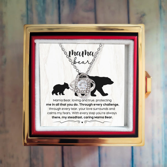 Mama Bear Love Knot Necklace – Rotating Rose Gift Box for Mom
