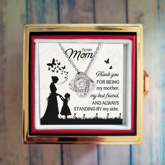 To My Mom” Love Knot Necklace with Message Card – Rotating Rose Gift Box Edition