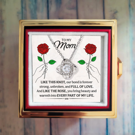 Love Knot Necklace for Mom with Rotating Rose Gift Box – Heartfelt Mother’s Day or Birthday Gift