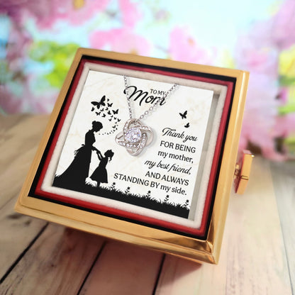 To My Mom” Love Knot Necklace with Message Card – Rotating Rose Gift Box Edition