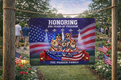 Personalized Patriotic Dog Yard Sign – "Honoring 250 Years of Freedom" | Custom Family Name & Dog Names | America 250 4th of July Yard Decor
