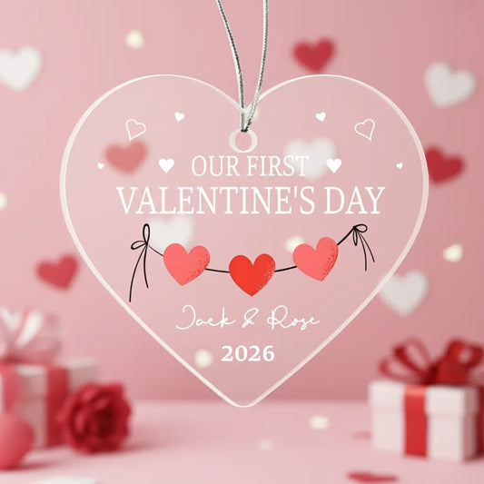 Personalized Acrylic Heart Ornament – Our First Valentine’s Day Gift, Custom Names & Year Couple Love Keepsake