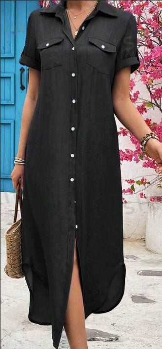 Denim-Look Longline Shirt Dress | Casual Maxi Button Down | Summer Beach Dress | Black Blue Orange | S–3XL