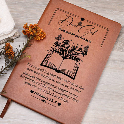 Custom “Dear God” Prayer Journal with Name – Faith features a personalized leather cover and inspirational Romans 15:4 verse.