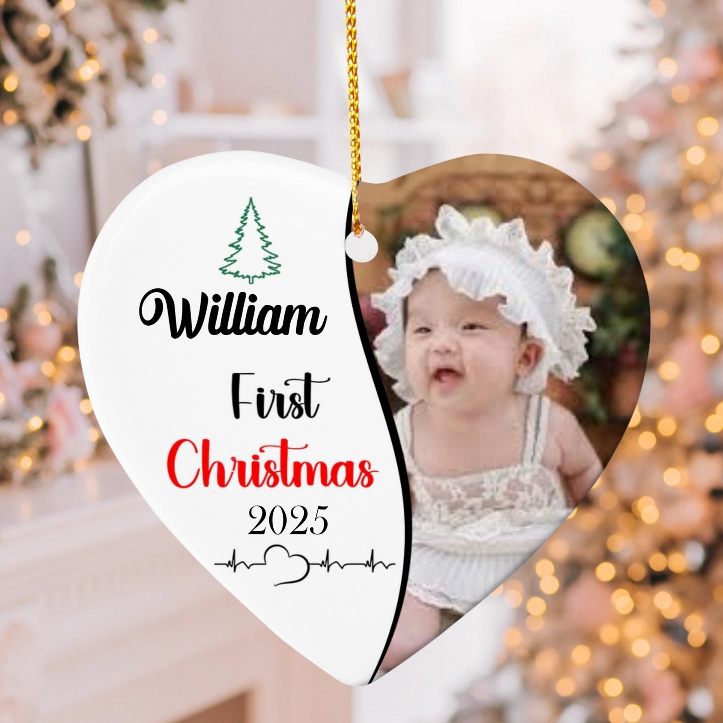 My First Christmas Ornament 2025 – Personalized Baby Photo Heart Ornament with Name, Custom Keepsake Gift