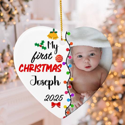 Personalized Baby’s First Christmas Ornament 2025 – Custom Photo Heart Ornament with Festive Lights, Baby Name & Year Keepsake Gift