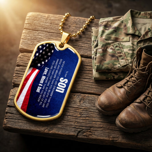 To My Son Dog Tag Necklace – Inspirational Gift from Mom & Dad | American Flag Pendant Gift for Son