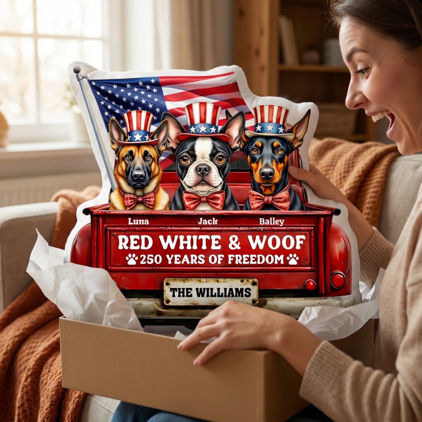 Personalized Patriotic Dog Pillow – Custom Pet Names Independence Day Gift, Red White and Woof Decorative Cushion
