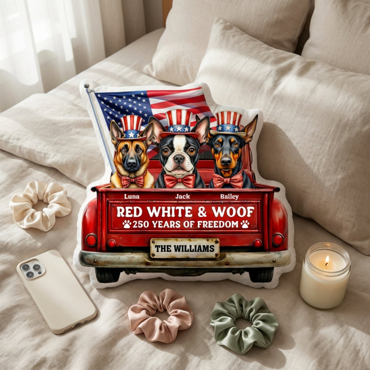 Personalized Patriotic Dog Pillow – Custom Pet Names Independence Day Gift, Red White and Woof Decorative Cushion