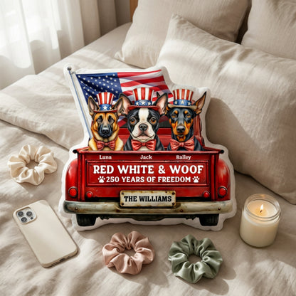 Personalized Patriotic Dog Pillow – Custom Pet Names Independence Day Gift, Red White and Woof Decorative Cushion