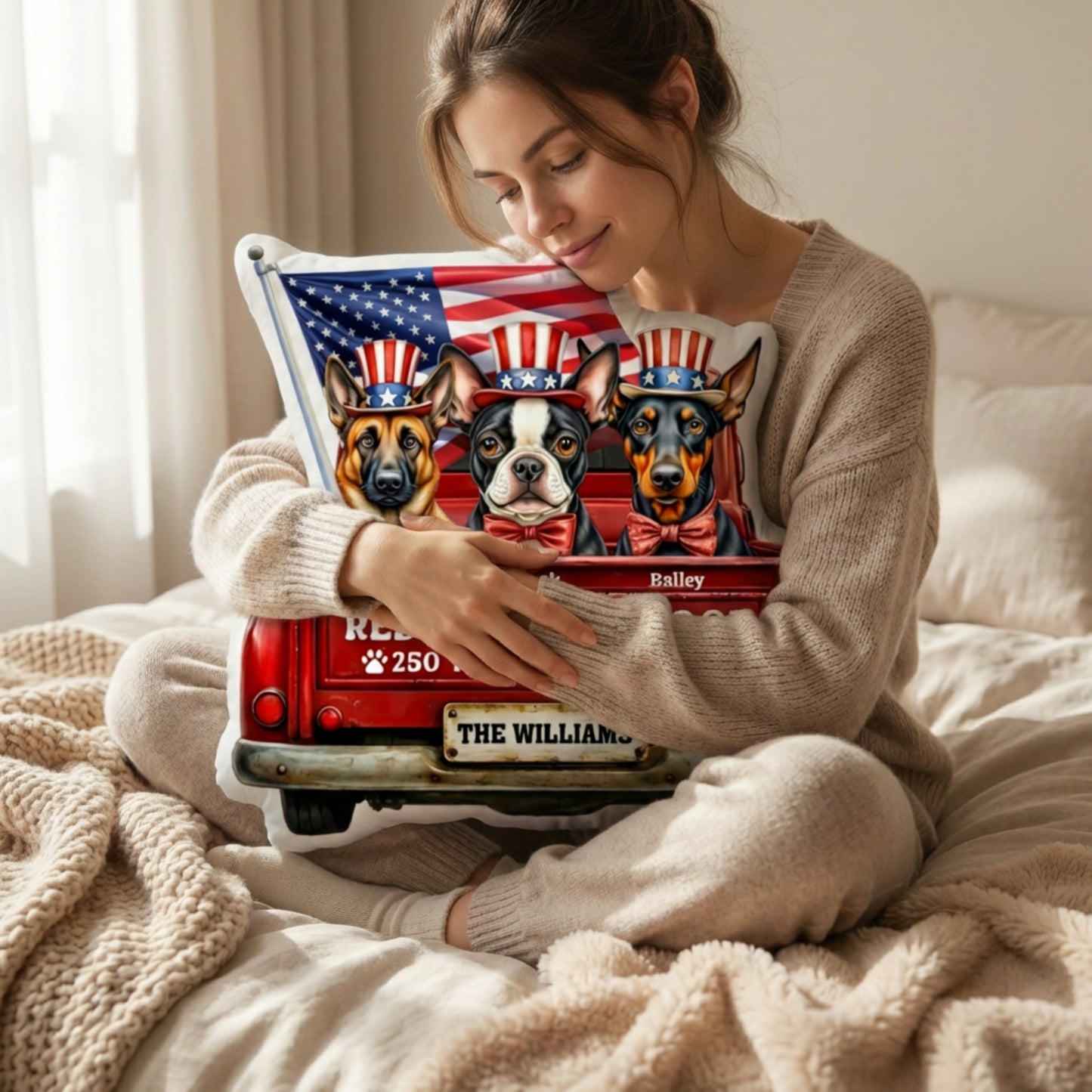 Personalized Patriotic Dog Pillow – Custom Pet Names Independence Day Gift, Red White and Woof Decorative Cushion
