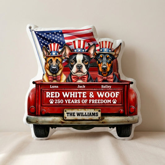 Personalized Patriotic Dog Pillow – Custom Pet Names Independence Day Gift, Red White and Woof Decorative Cushion