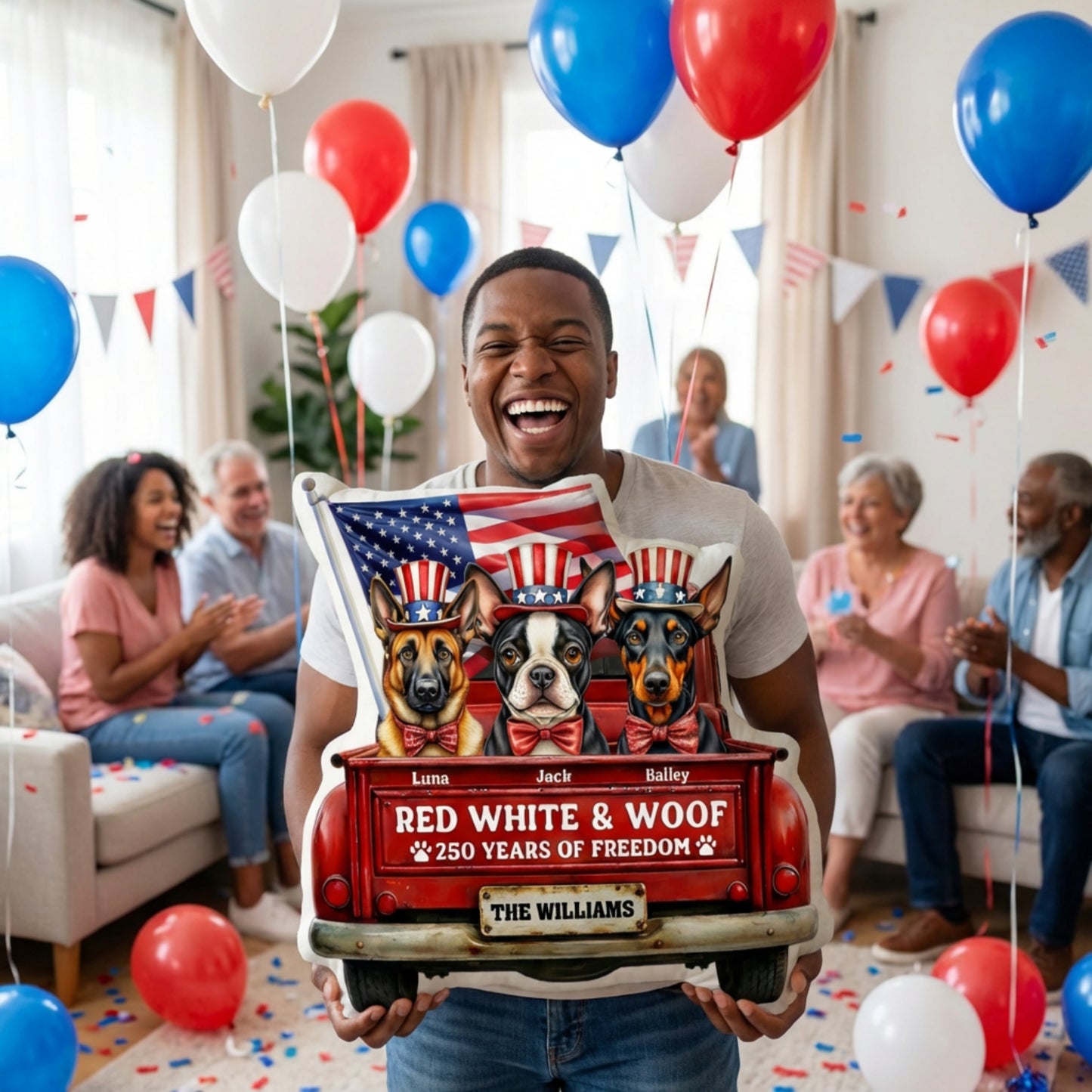 Personalized Patriotic Dog Pillow – Custom Pet Names Independence Day Gift, Red White and Woof Decorative Cushion