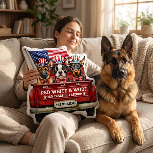 Personalized Patriotic Dog Pillow – Custom Pet Names Independence Day Gift, Red White and Woof Decorative Cushion