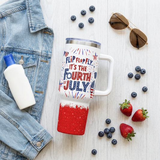 Flip Flop Fly It's the Fourth of July" Tumbler – 4th of July 40oz Tumbler | America 250 Independence Day Gift | Patriotic Glitter Tumbler | Red White & Blue Drinkware