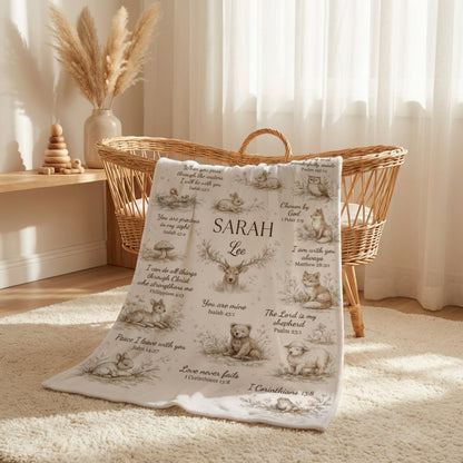 Personalized Christian Baby Name Blanket – Bible Verse Fleece Blanket, Custom Nursery Gift, Faith-Based Baby Shower Gift