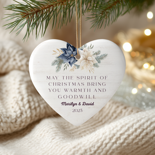 Personalized Heart-Shaped Christmas Ornament - May the Spirit of Christmas Bring You Warmth and Goodwill - Perfect Holiday Keepsake for Couples - 2025 Edition
