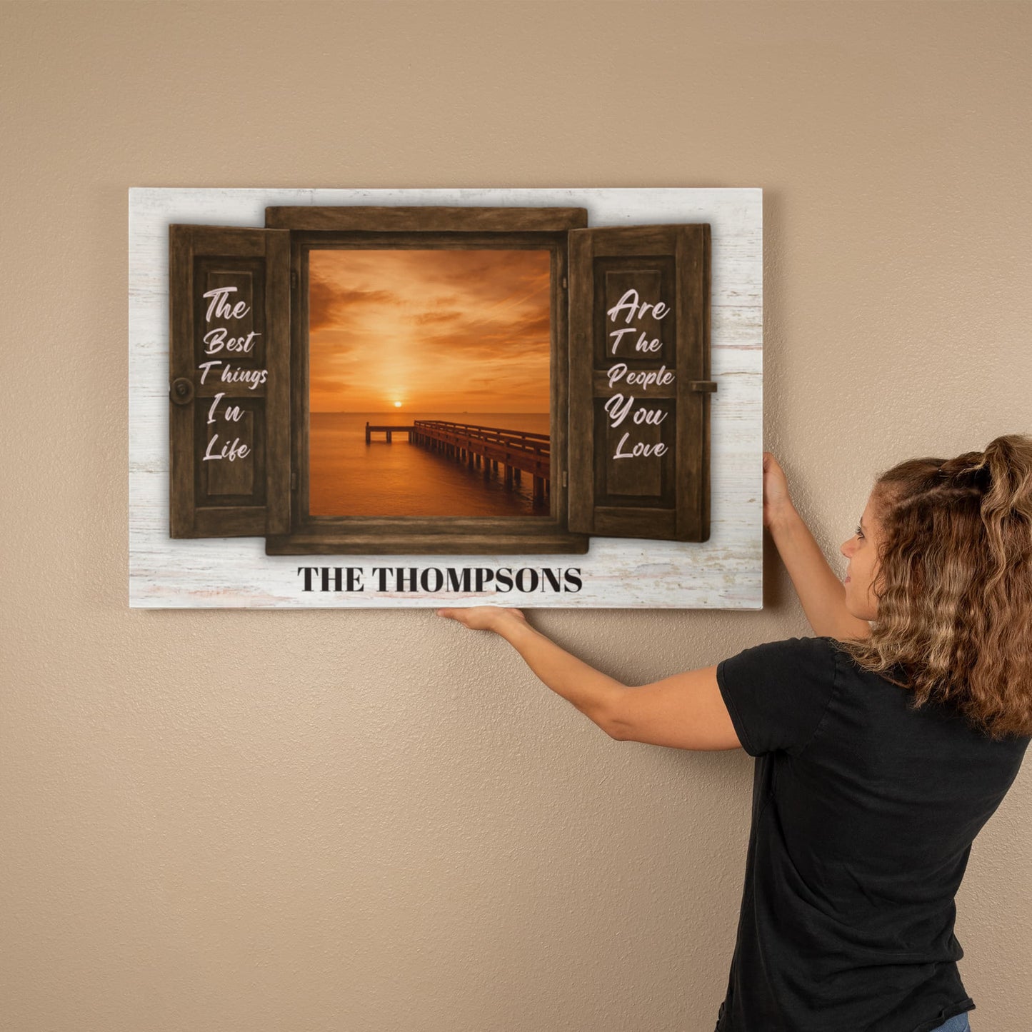 Custom Family Name Canvas – “The Best Things In Life” Window Sunset Wall Art