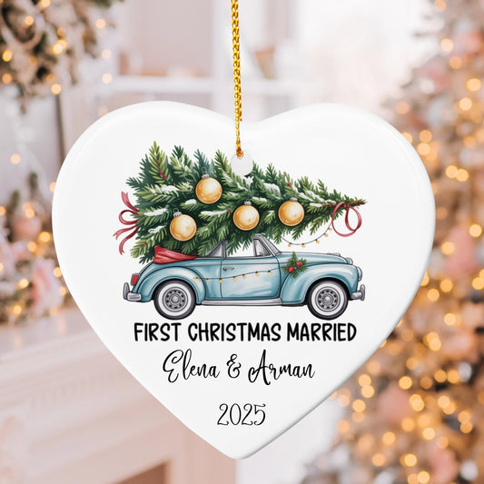 First Christmas Married Ornament 2025 – Personalized Ceramic Heart Ornament with Vintage Car & Tree, Custom Newlywed Christmas Gift for Couples