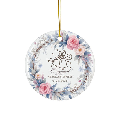 Personalized Engagement Ornament,  Custom Names & Date, Wedding Bells Wreath Christmas Keepsake for Engaged Couples