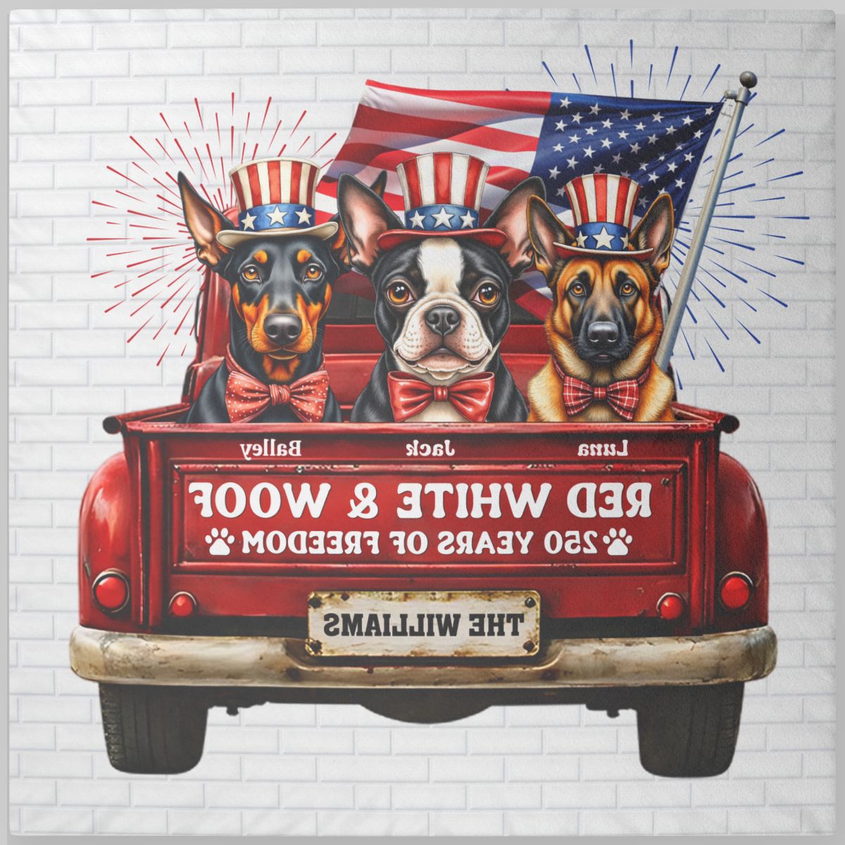 Personalized Patriotic Dog Pillow – Custom Pet Names Independence Day Gift, Red White and Woof Decorative Cushion