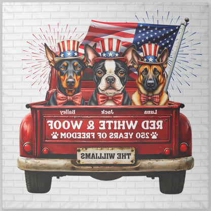 Personalized Patriotic Dog Pillow – Custom Pet Names Independence Day Gift, Red White and Woof Decorative Cushion