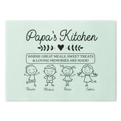 Placemat with 'Papa's Kitchen' text and children's illustrations on a light green background