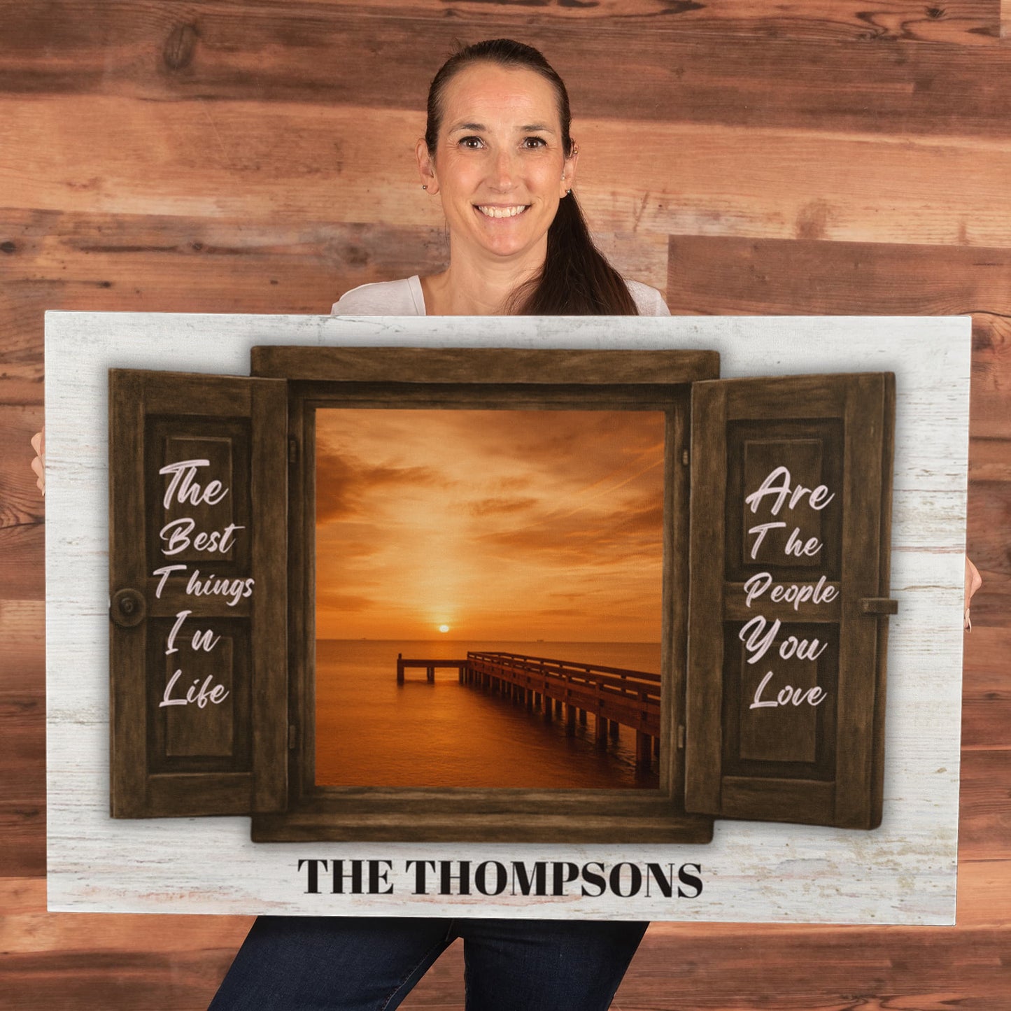 Custom Family Name Canvas – “The Best Things In Life” Window Sunset Wall Art
