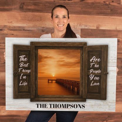 Custom Family Name Canvas – “The Best Things In Life” Window Sunset Wall Art
