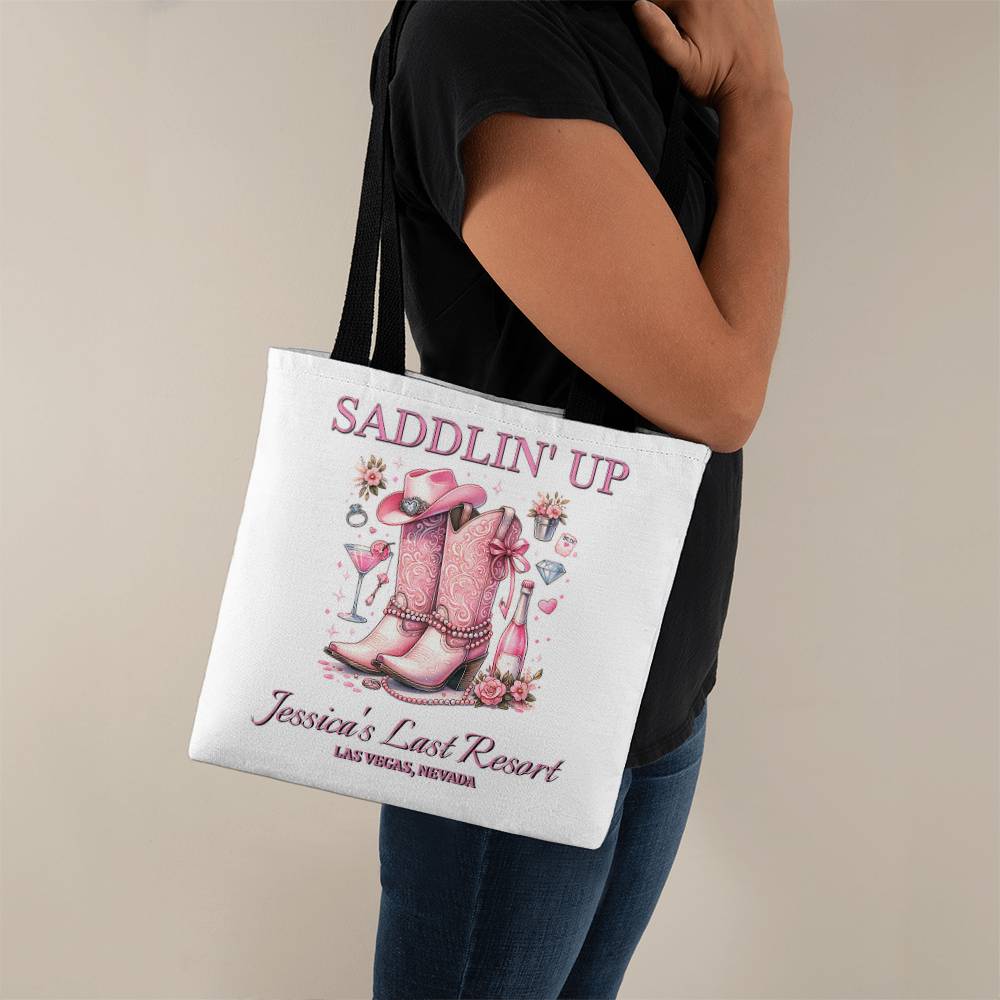 Saddlin’ Up Bachelorette Tote – Custom Bride Name & Party Location Tote Bag