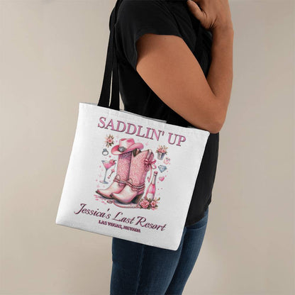 Saddlin’ Up Bachelorette Tote – Custom Bride Name & Party Location Tote Bag