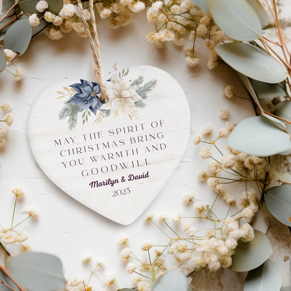 Personalized Heart-Shaped Christmas Ornament - May the Spirit of Christmas Bring You Warmth and Goodwill - Perfect Holiday Keepsake for Couples - 2025 Edition