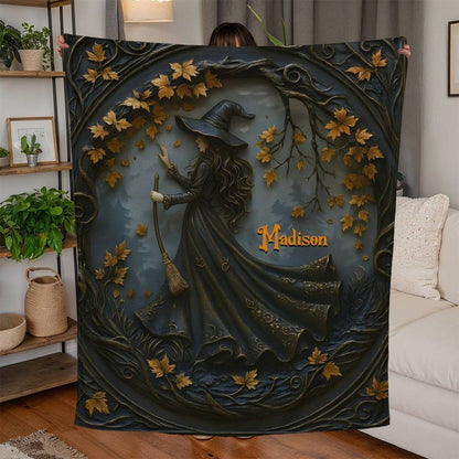 Personalized Autumn Halloween Witch Jersey Fleece Blanket – Custom Name