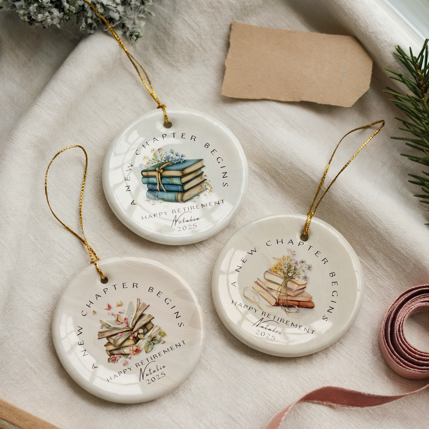 Personalized Retirement Ornament – Custom “A New Chapter Begins” Keepsake with Name & Year – Gift for Retired Coworker or Teacher