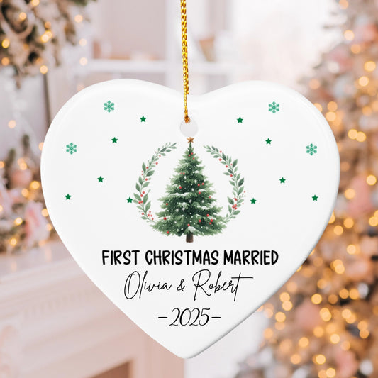 First Christmas Married Ornament 2025 – Personalized Heart Ceramic Christmas Ornament for Couples, Newlyweds, Mr & Mrs Gift Keepsake