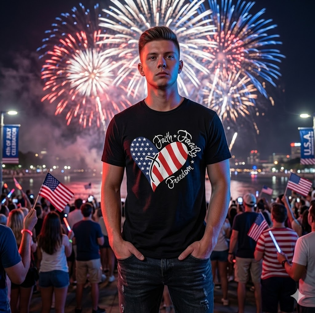 Faith Family Freedom T-Shirt – Patriotic American Flag Heart Graphic Tee