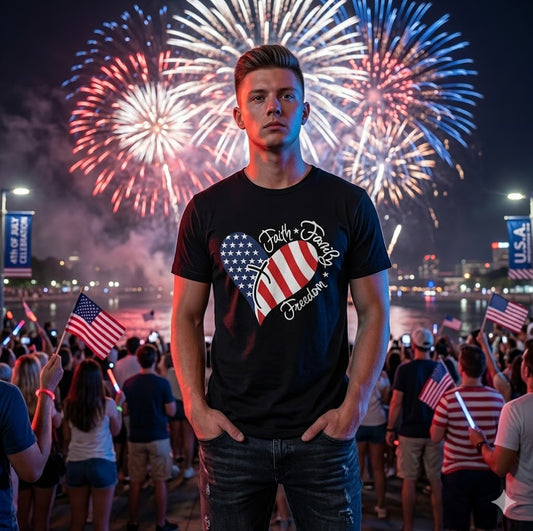 Faith Family Freedom T-Shirt – Patriotic American Flag Heart Graphic Tee
