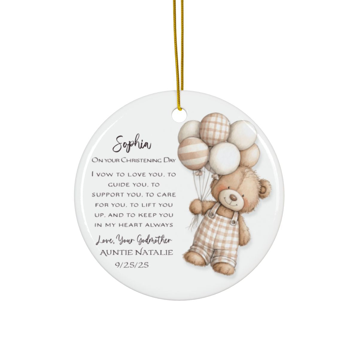 Personalized Christening Ornament – Baby Baptism Gift from Godmother or Loved One – Custom Keepsake with Name & Date – Christening Day Ornament