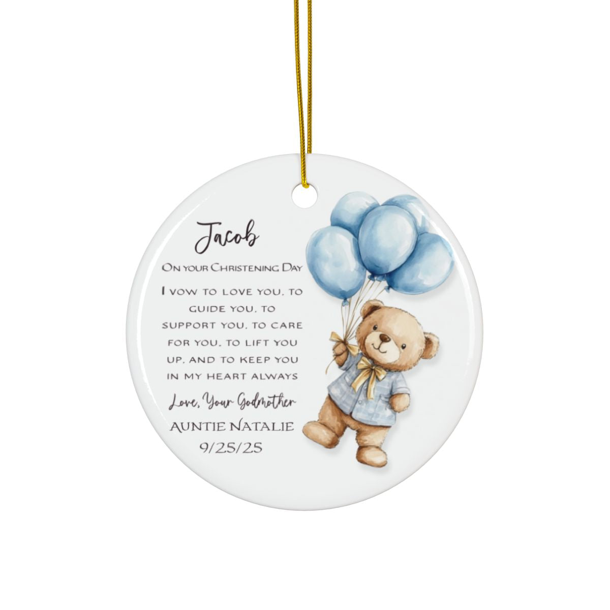 Personalized Christening Ornament – Baby Baptism Gift from Godmother or Loved One – Custom Keepsake with Name & Date – Christening Day Ornament