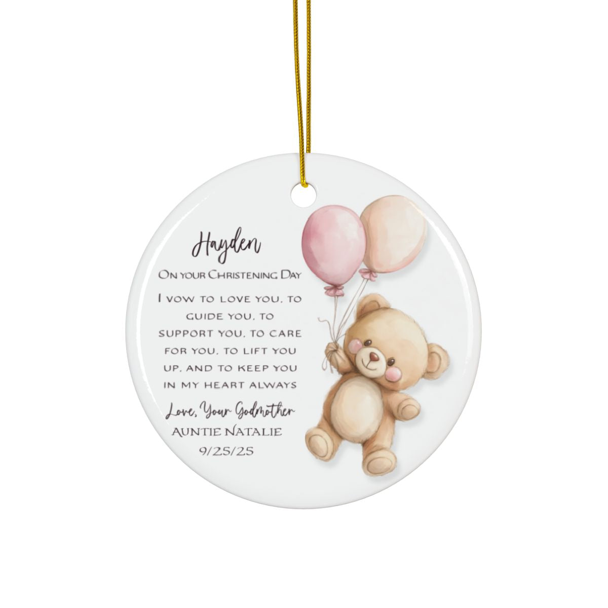 Personalized Christening Ornament – Baby Baptism Gift from Godmother or Loved One – Custom Keepsake with Name & Date – Christening Day Ornament