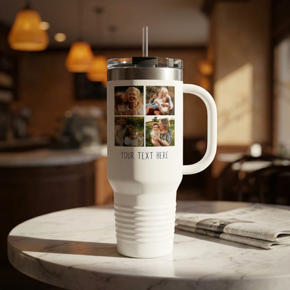 Personalized Photo Tumbler – Custom 4-Photo Collage with Text | Wedding, Mother's Day, Girls Trip, Birthday Gift | 40oz Insulated Tumbler with Handle